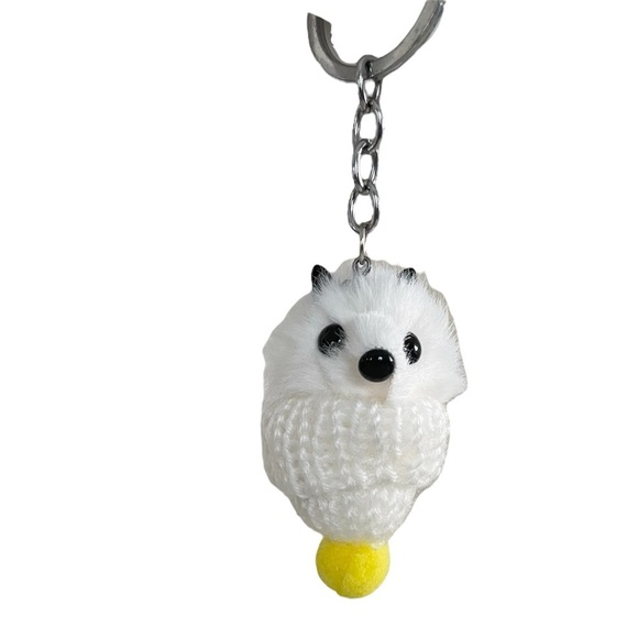 White Animal Keychain with Yellow Pom Pom in Mini Knitted Hat - Picture 10 of 11